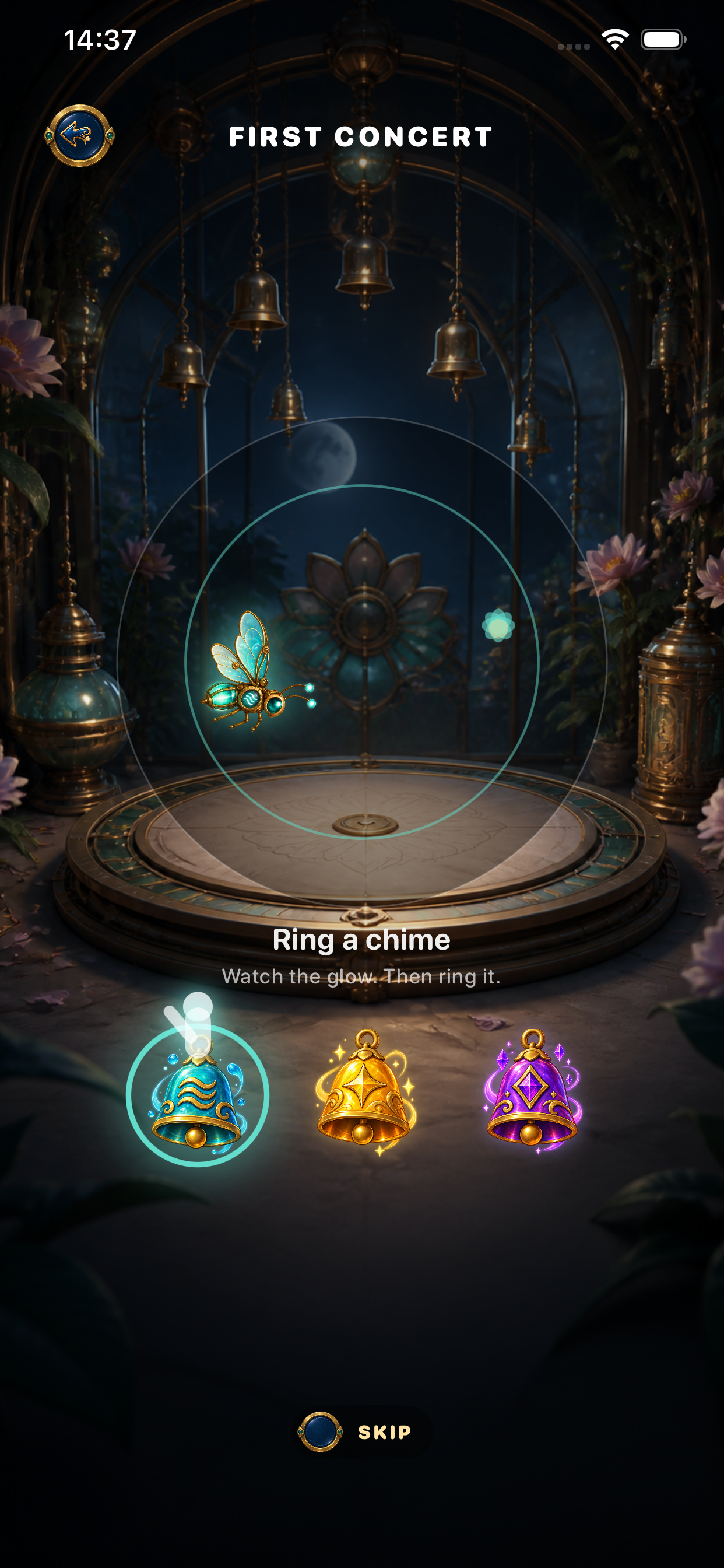 Interactive tutorial screen showing a firefly and three bells